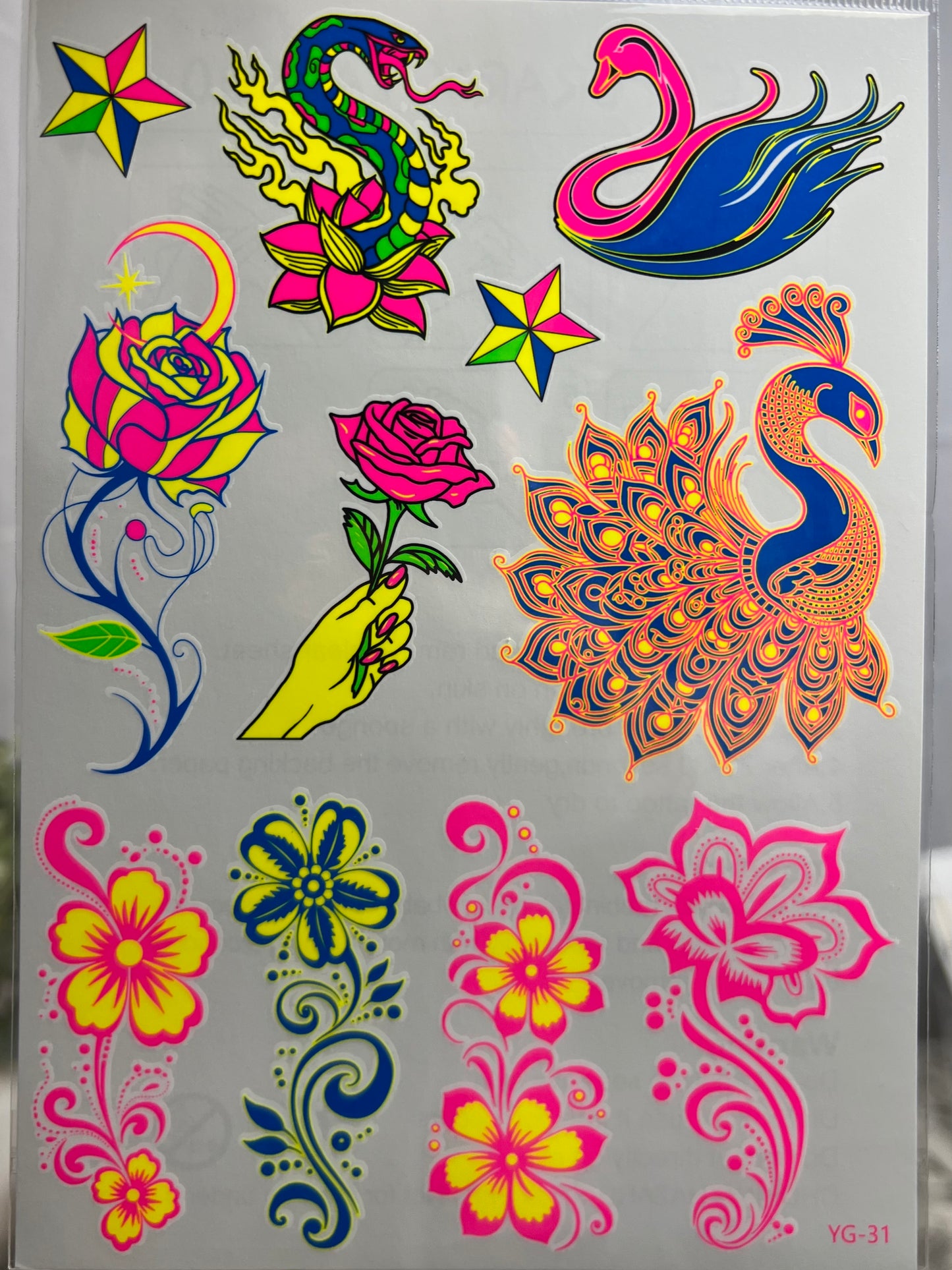 Floral Peacock UV Light Reflective Temporary Tattoo Sticker