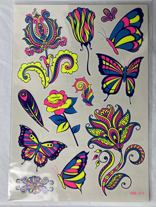 Floral and Fly UV Light Reflective Temporary Tattoo Sticker