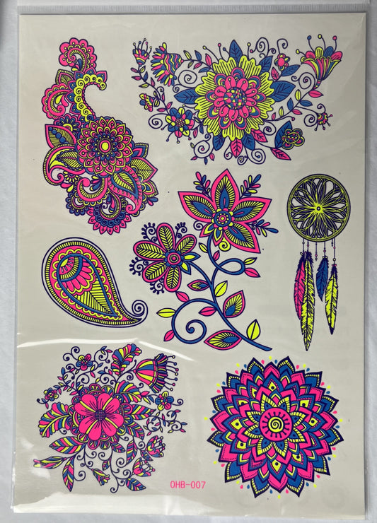 Paisley Flora UV Light Reflective Temporary Tattoo Sticker