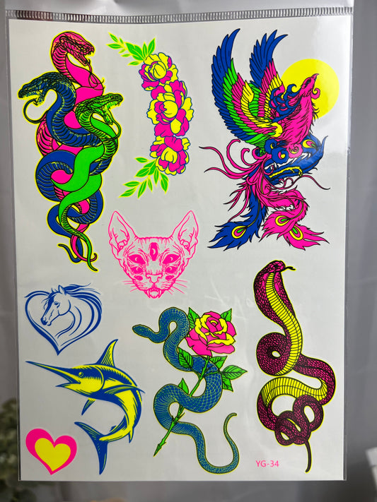 Serpent Phoenix UV Light Reflective Temporary Tattoo Sticker